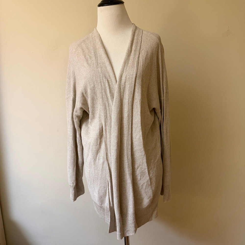 Eileen Fisher Organic Linen Cotton Long Cardigan Beige Marl Open Front M
